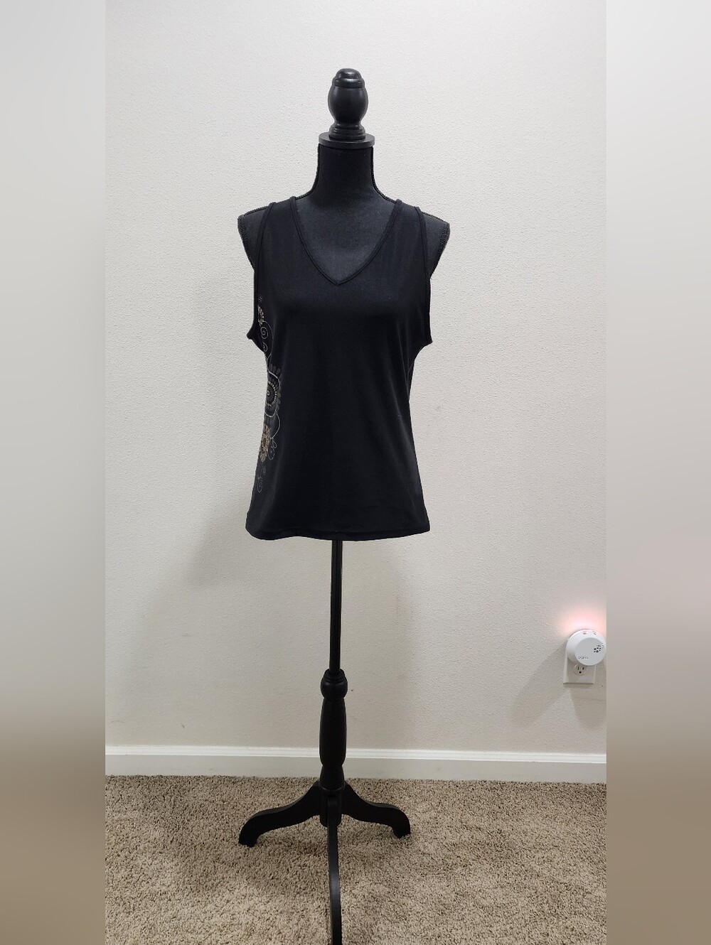 GNW Black V-Neck Sleeveless Tank with Metallic Side Design